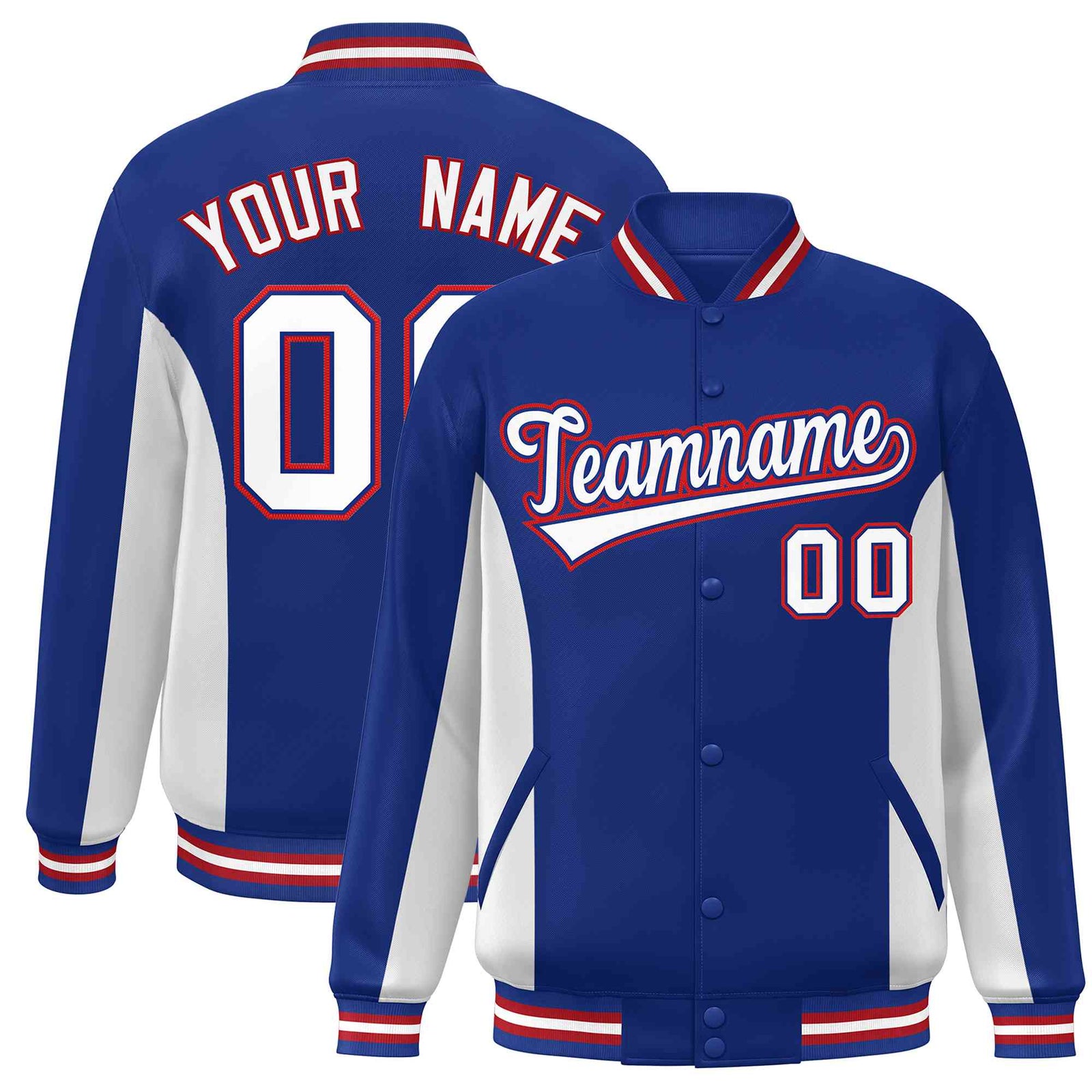Custom Royal White Varsity Full-Snap Color Block Letterman Baseball Jacket