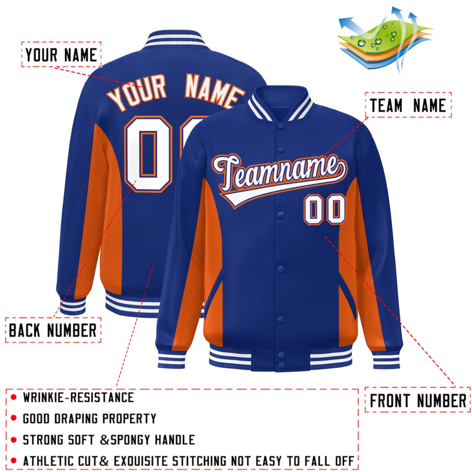 Custom Royal Orange-White Varsity Full-Snap Color Block Letterman Baseball Jacket