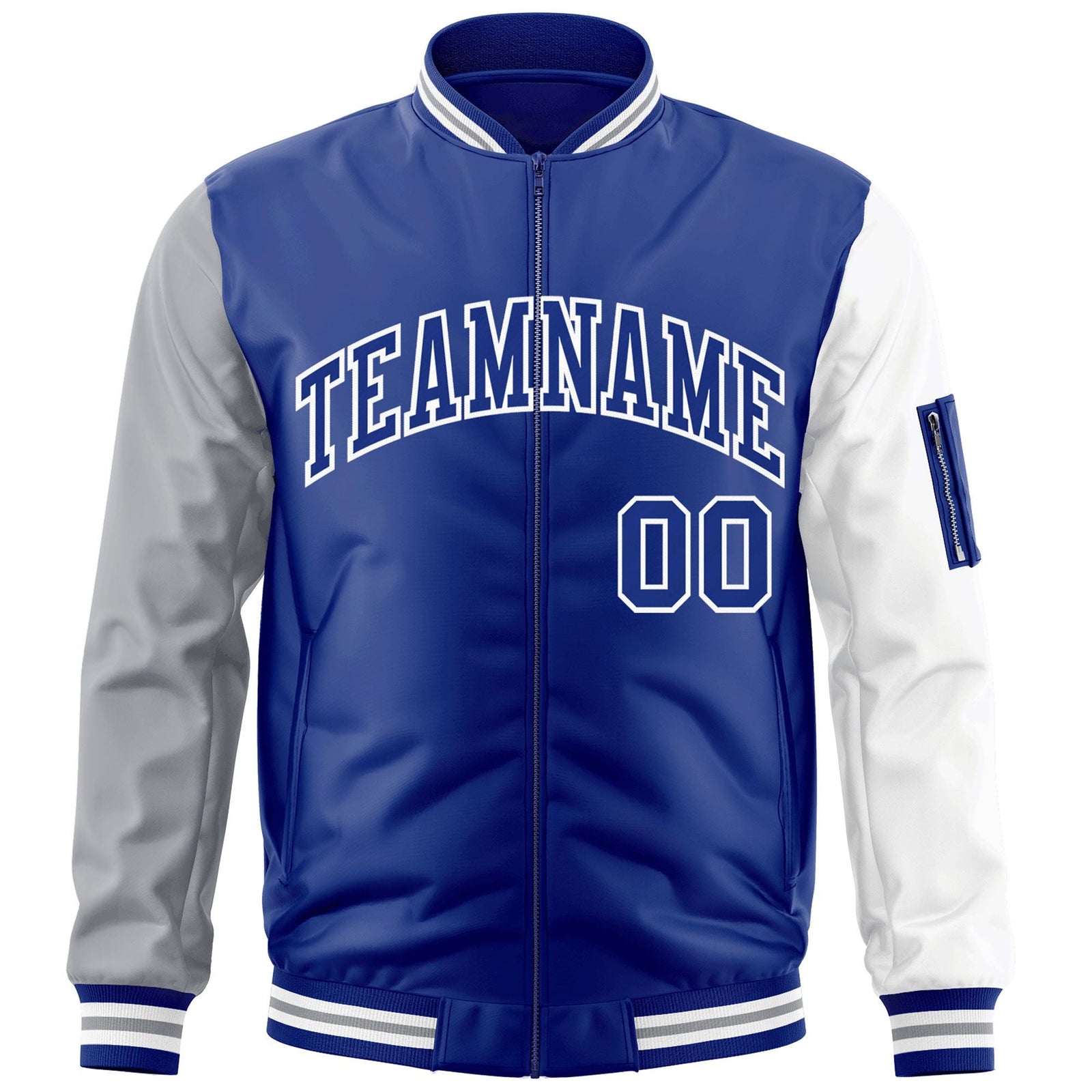 Custom Royal White-Gray Varsity Full-Zip Raglan Sleeves Letterman Bomber Jacket