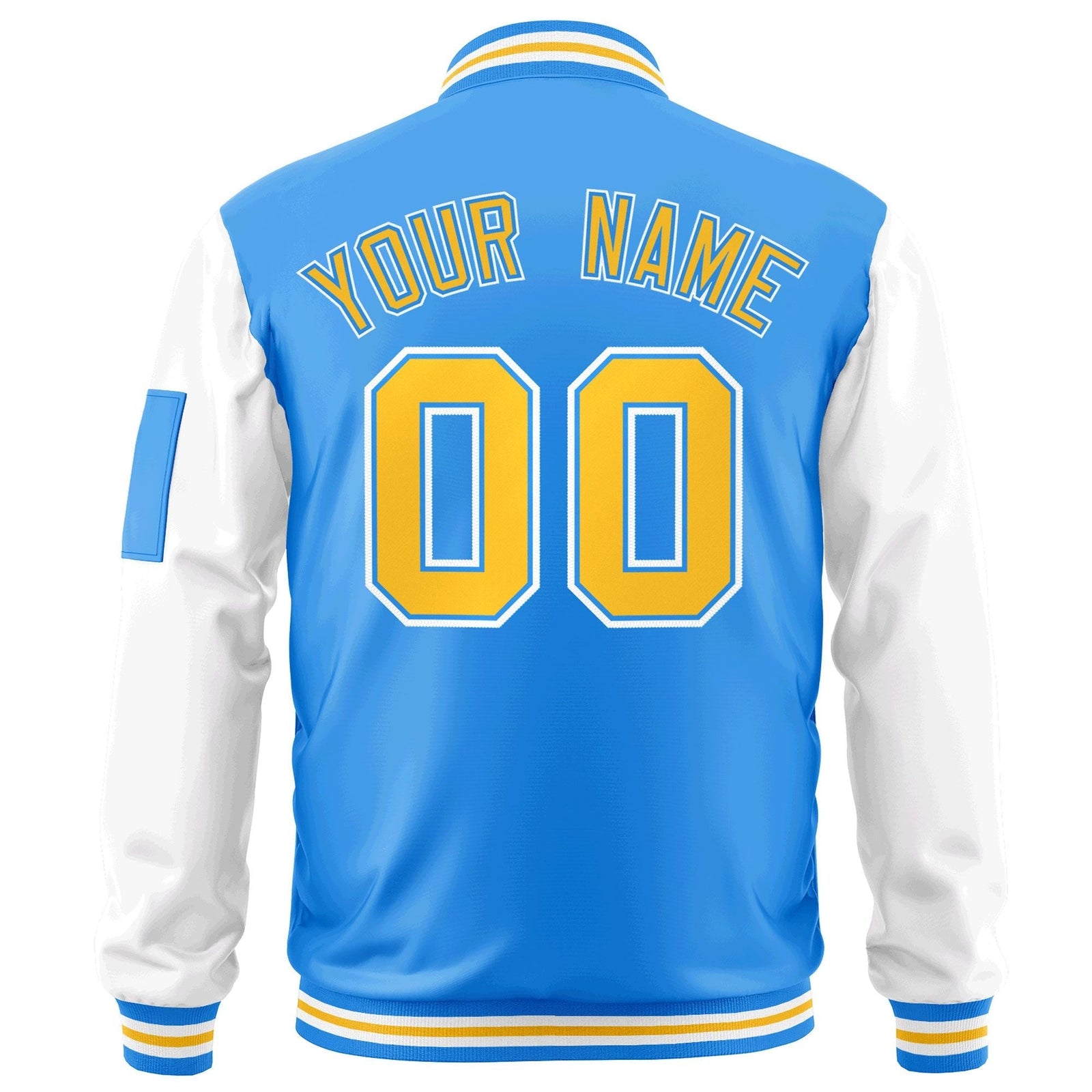 Custom Powder Blue White-Gold Varsity Full-Zip Raglan Sleeves Letterman Bomber Jacket