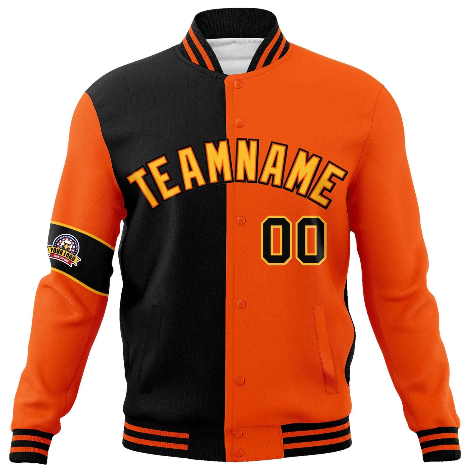 Custom Black Orange-Gold Letterman Two Tone Full-Snap Split Fashion Jacket