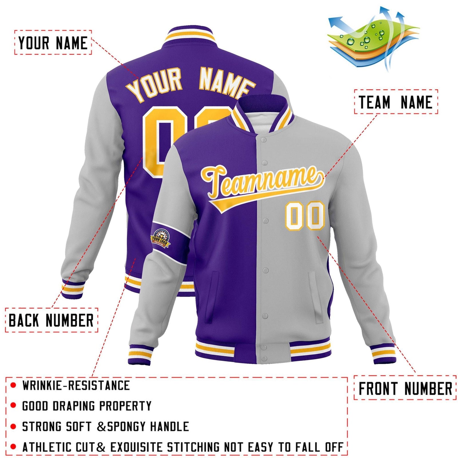 Custom Purple Gray-Gold Letterman Two Tone Full-Snap Split Fashion Jacket