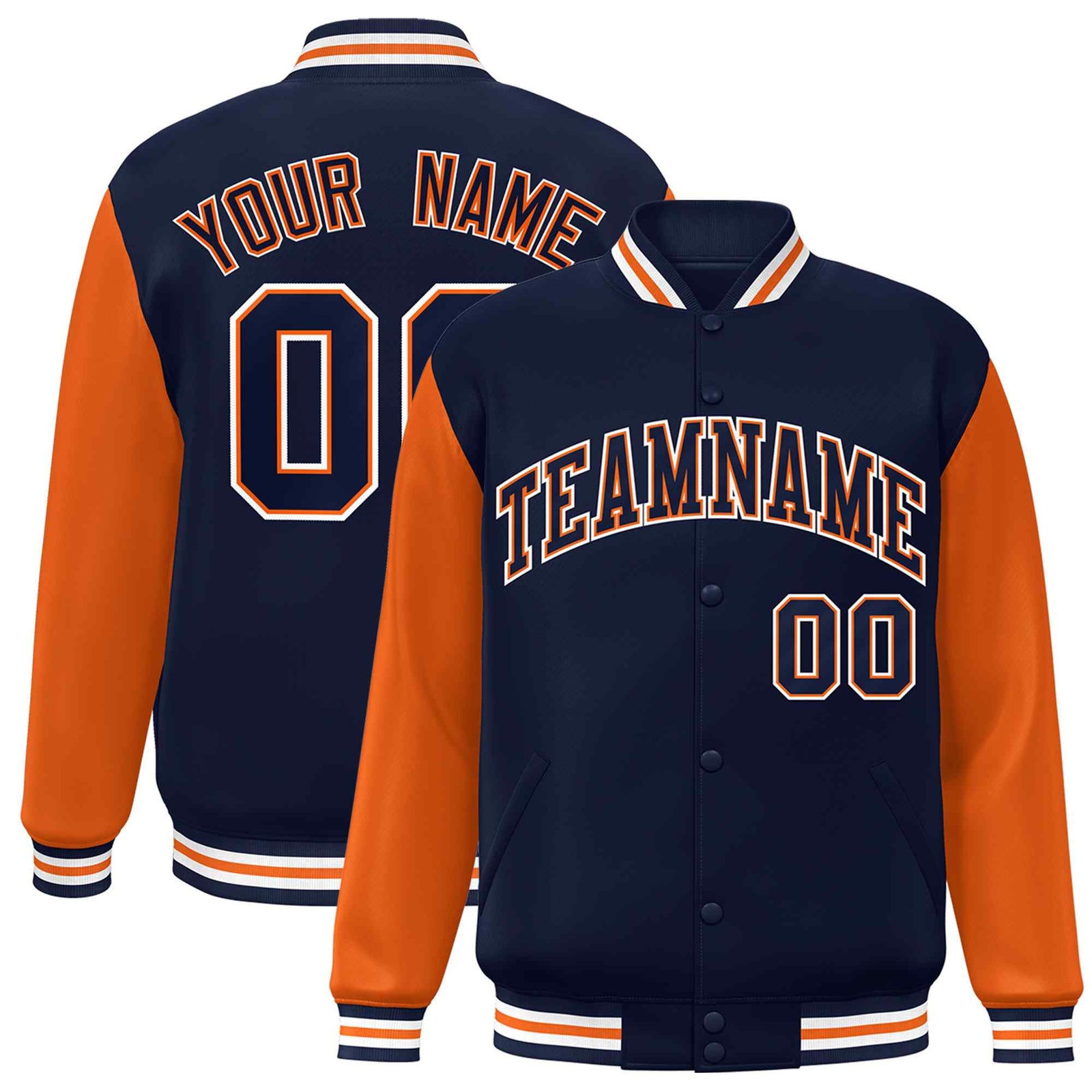 Custom Navy Orange Raglan Sleeves Varsity Full-Snap Letterman Jacket