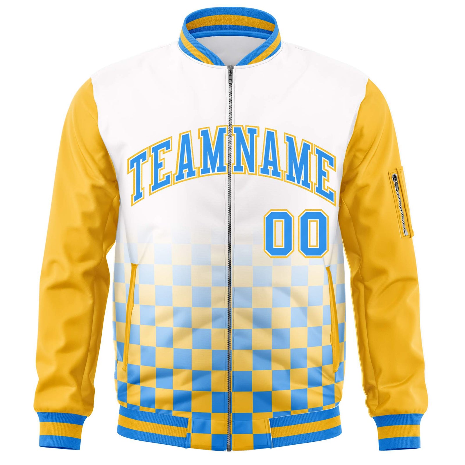 Custom White Powder Blue-Gold Grid Varsity Full-Zip Color Block Letterman Raglan Sleeve Jacket