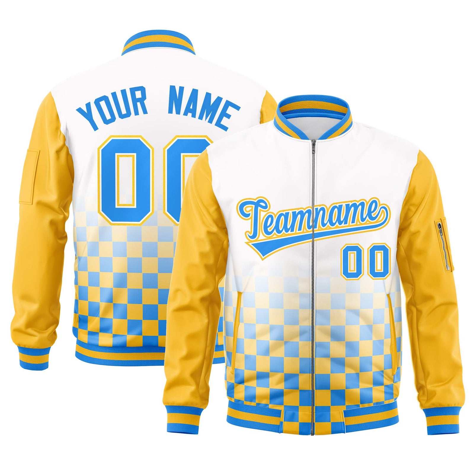 Custom White Powder Blue-Gold Grid Varsity Full-Zip Color Block Letterman Raglan Sleeve Jacket