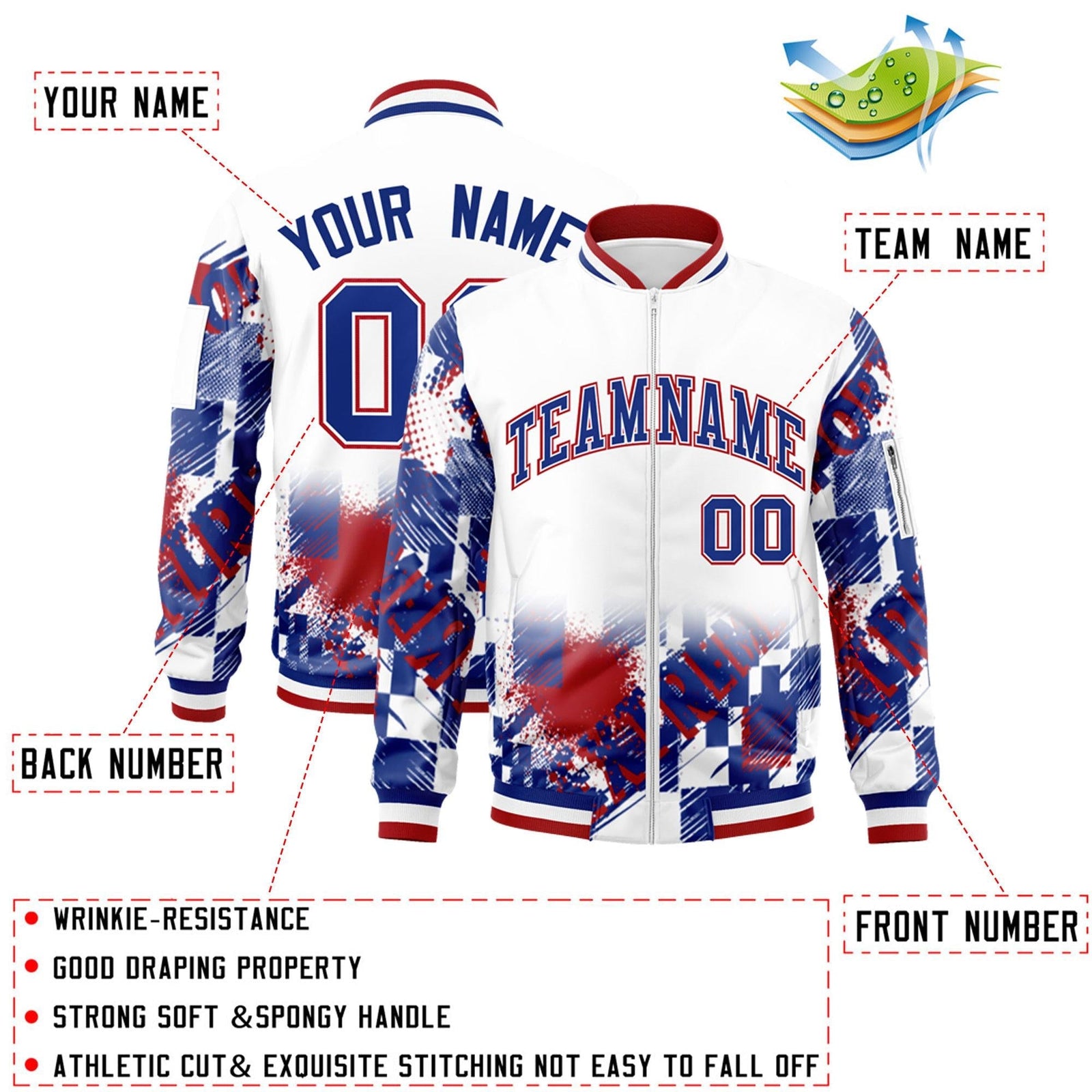 Custom White Royal-Red Varsity Full-Zip Street Graffiti Pattern Letterman Jacket