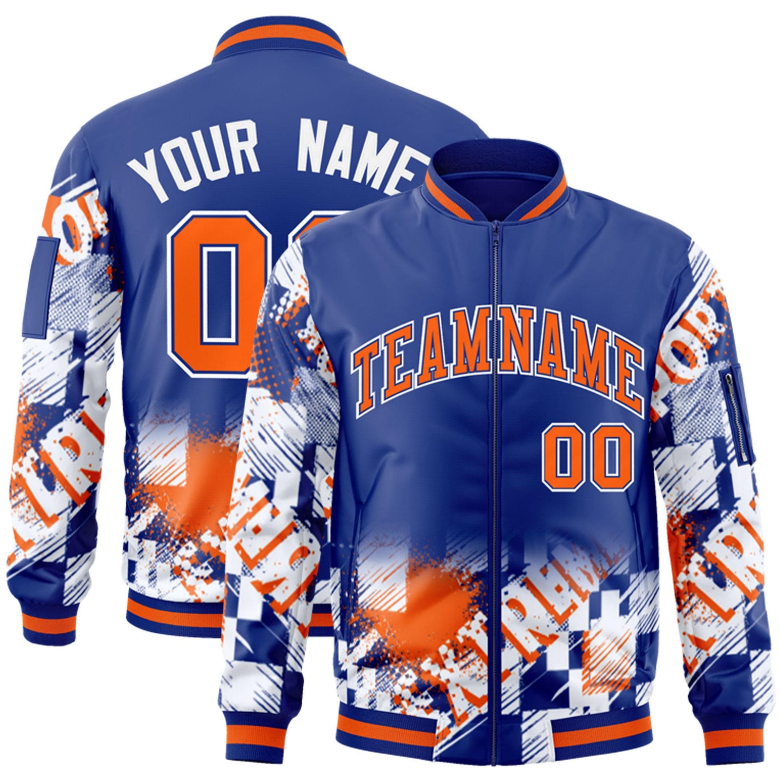 Custom Royal Orange-White Varsity Full-Zip Street Graffiti Pattern Letterman Jacket