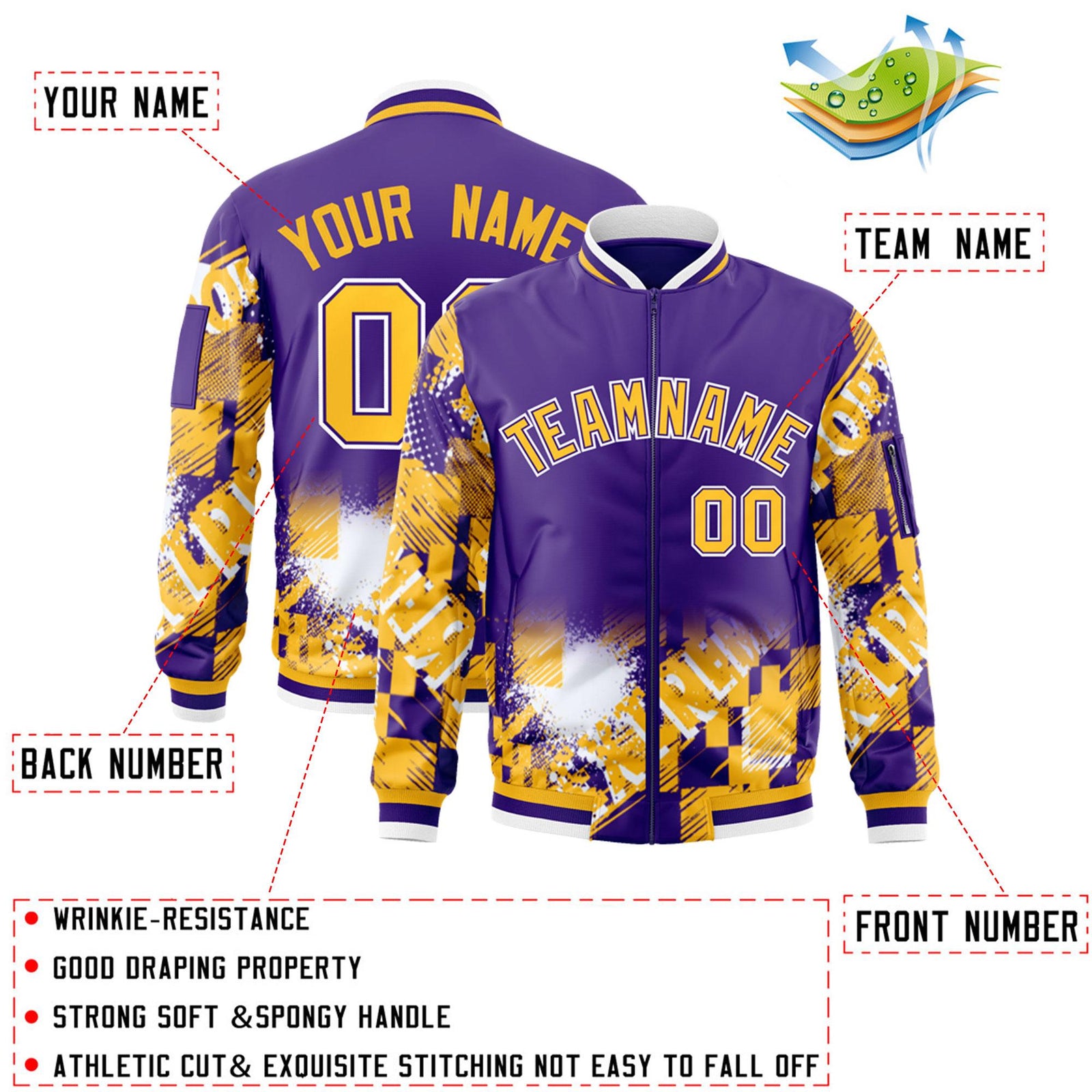 Custom Purple Yellow-White Varsity Full-Zip Street Graffiti Pattern Letterman Jacket