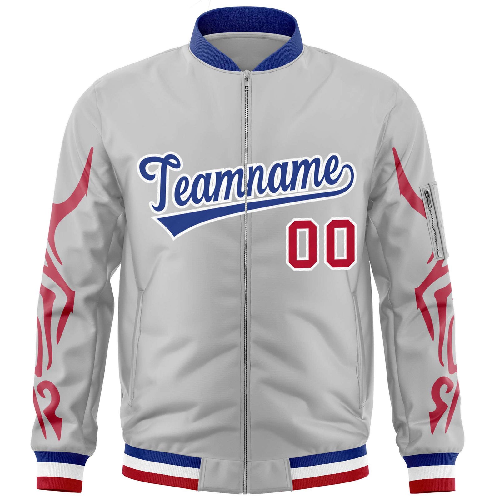 Custom Gray Red Varsity Full-Zip Dragon Head Graffiti Pattern Letterman Bomber Jacket