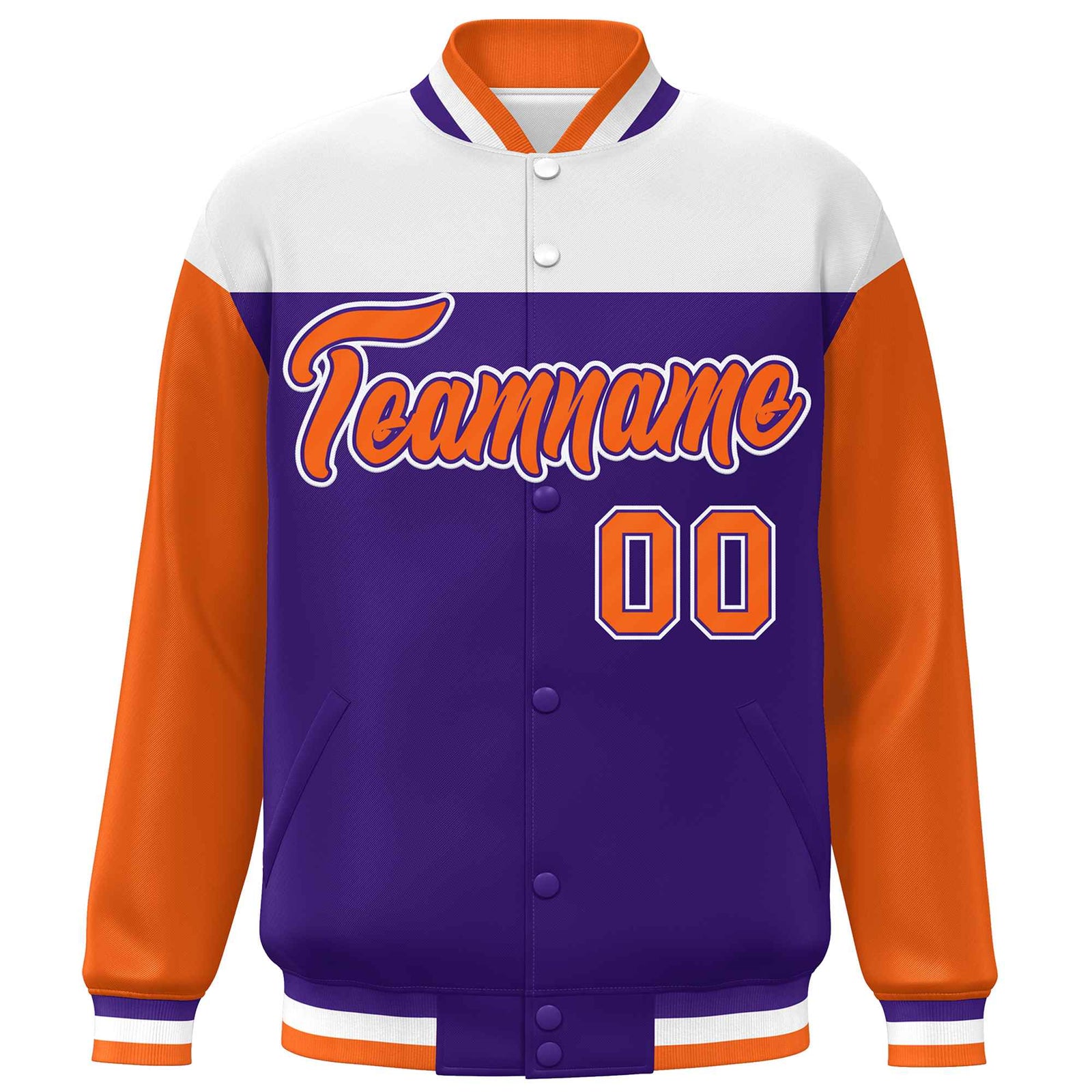 Custom White Purple-Orange Letterman Color Block Varsity Full-Snap Baseball Jacket