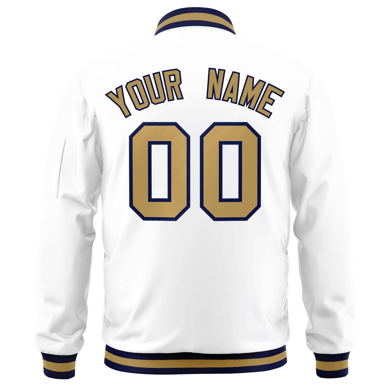 Custom White Old Gold-Navy Varsity Full-Zip Letterman Bomber Jacket