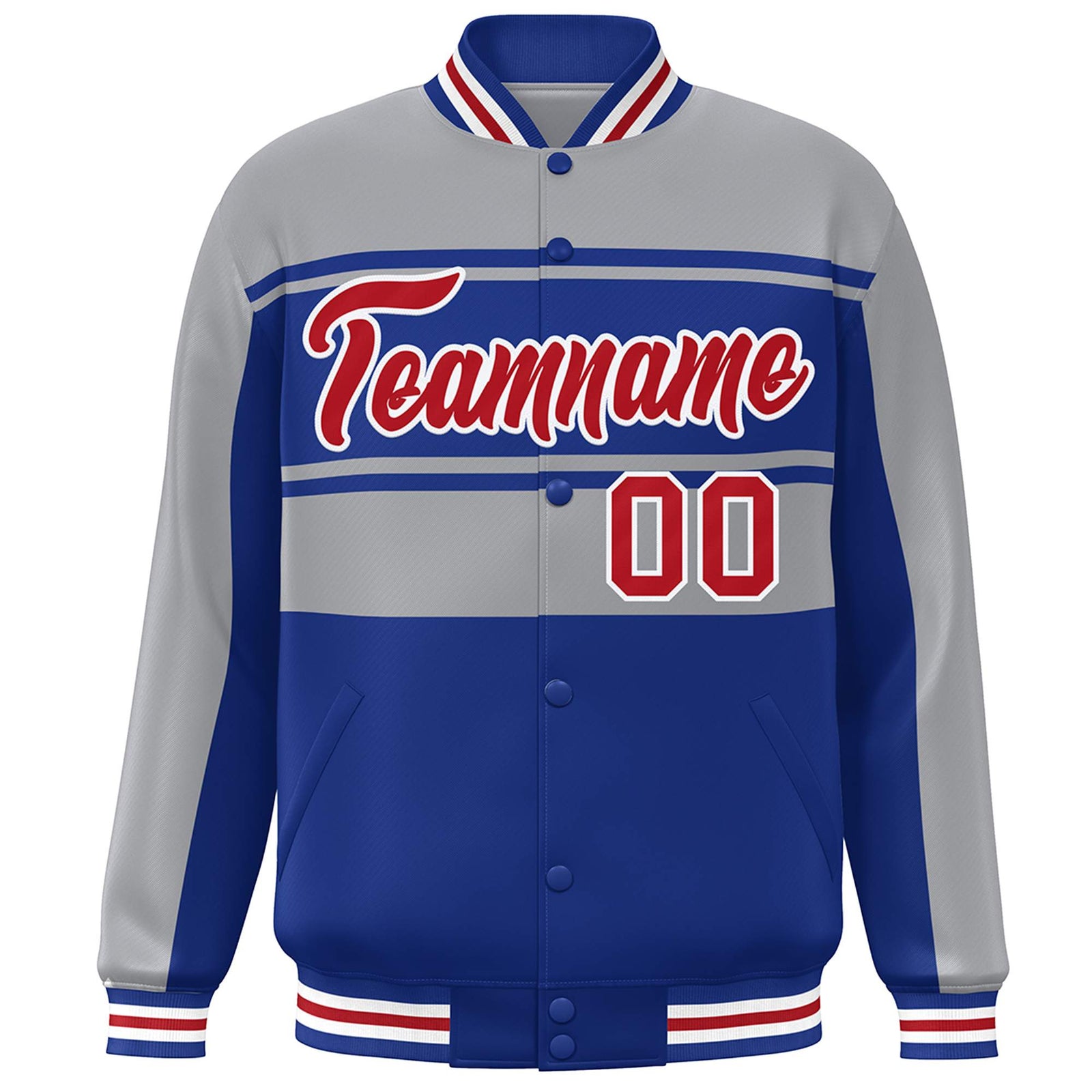 Custom Gray Royal-Red Color Block Varsity Full-Snap Bomber Jacket