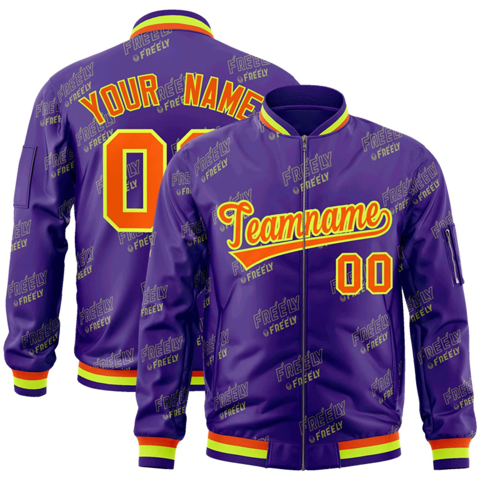 Custom Purple Orange-Neon Green Letter Full-Zip Varsity Bomber Jacket