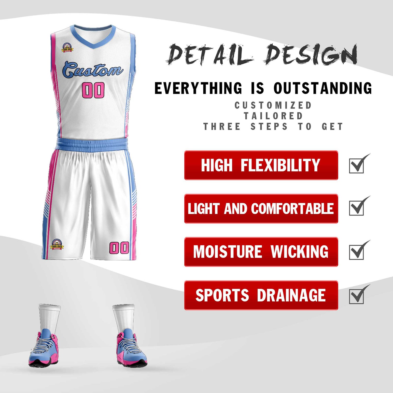 Custom White Light Blue-Pink Classic Sets Sports Uniform Basketball Jersey