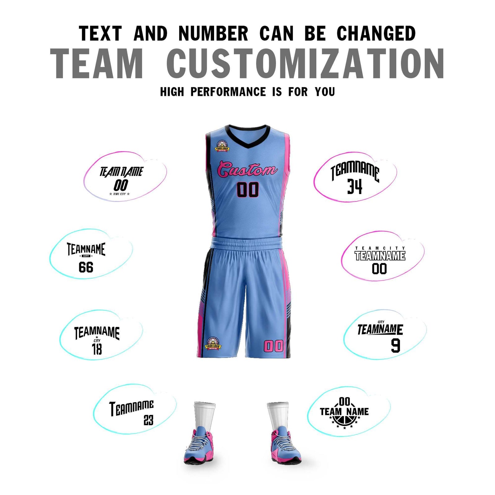 Custom Light Blue Black-Pink Classic Sets Sports Uniform Basketball Jersey