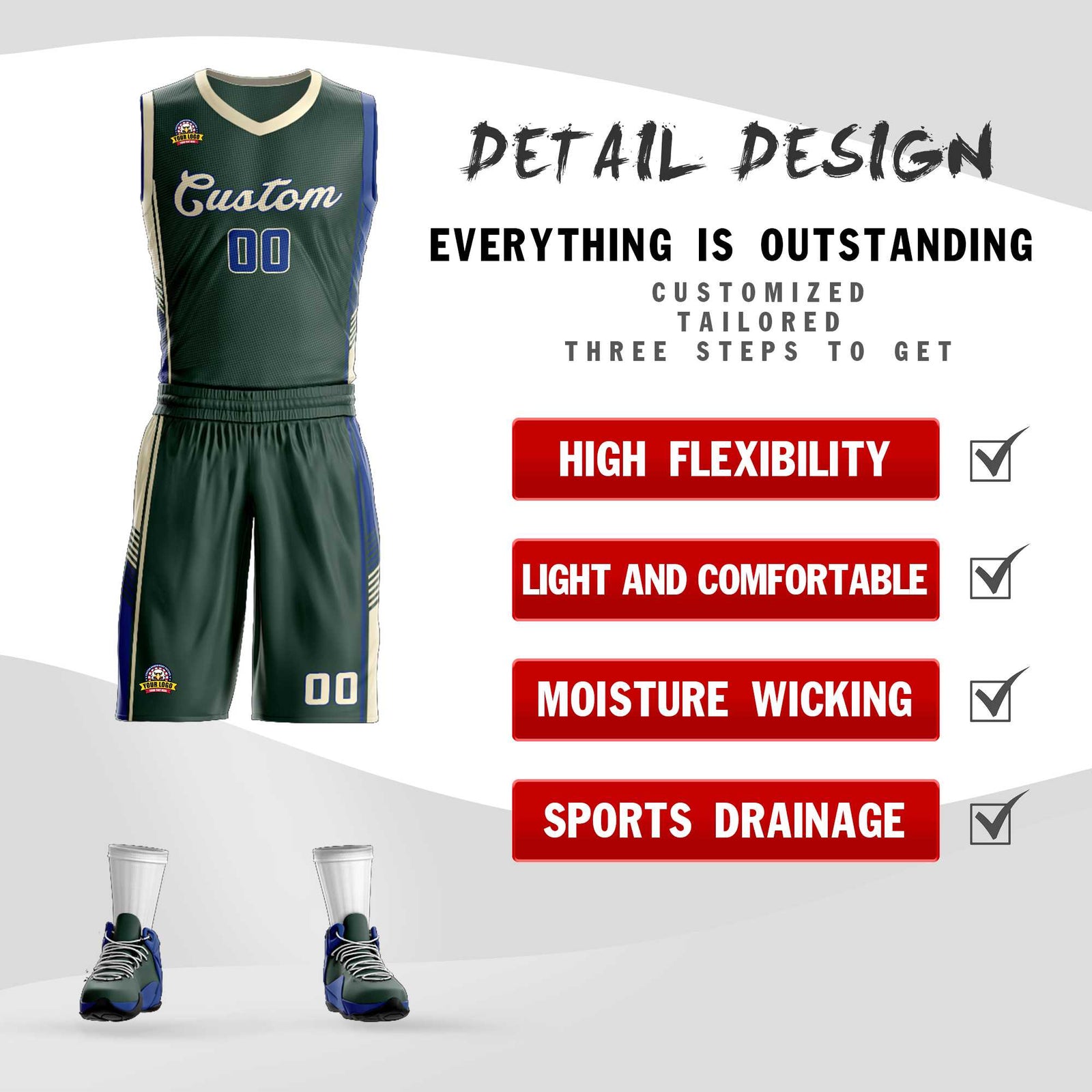 Custom Hunter Green Cream-Royal Classic Sets Sports Uniform Basketball Jersey