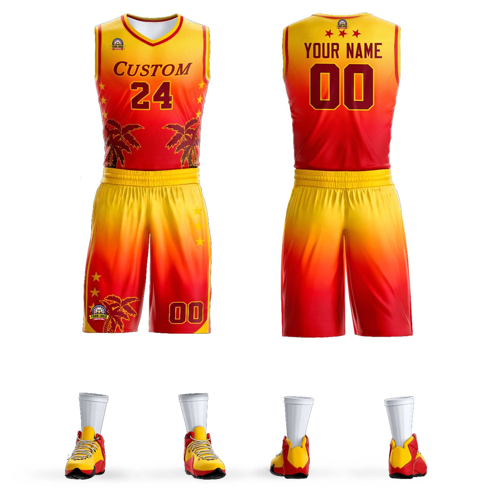 Custom Cream Yellow-Texas Orange Gradient Fashion Coconut Palm Pattern Sports Uniform Basketball Jersey
