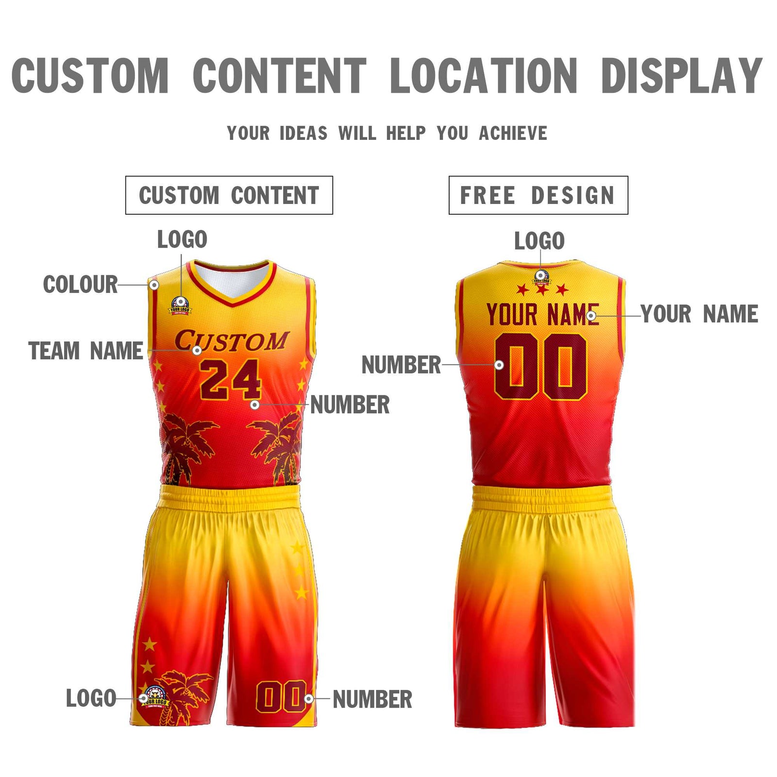 Custom Cream Yellow-Texas Orange Gradient Fashion Coconut Palm Pattern Sports Uniform Basketball Jersey