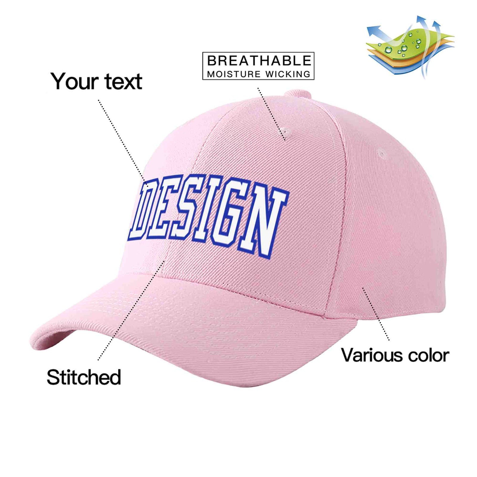 Custom Pink White-Royal Curved Eaves Sport Design Baseball Cap