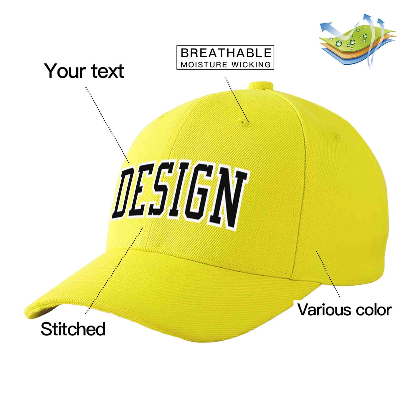 Custom Yellow Black-White Curved Eaves Sport Design Baseball Cap