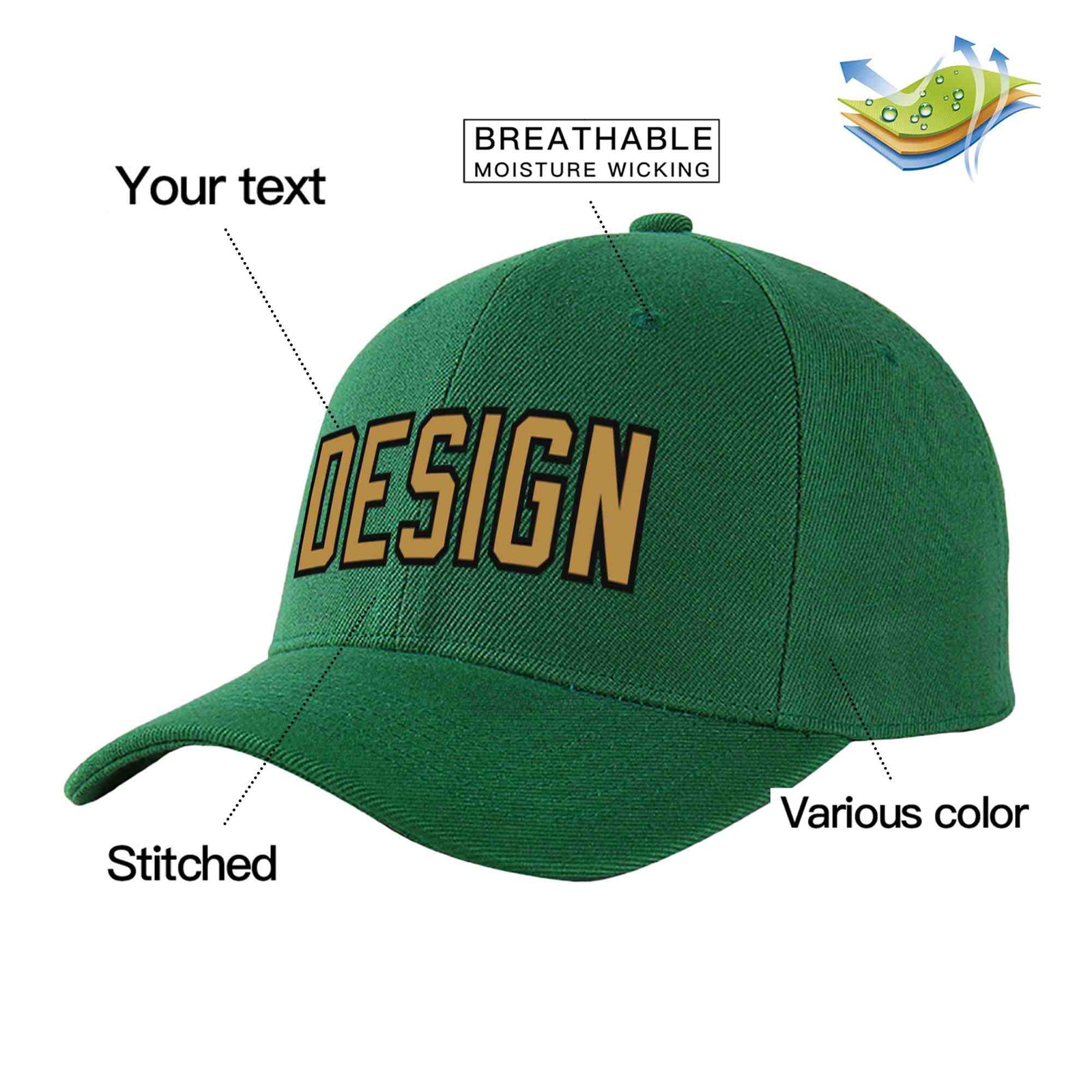 Custom Green Old Gold-Black Curved Eaves Sport Design Baseball Cap
