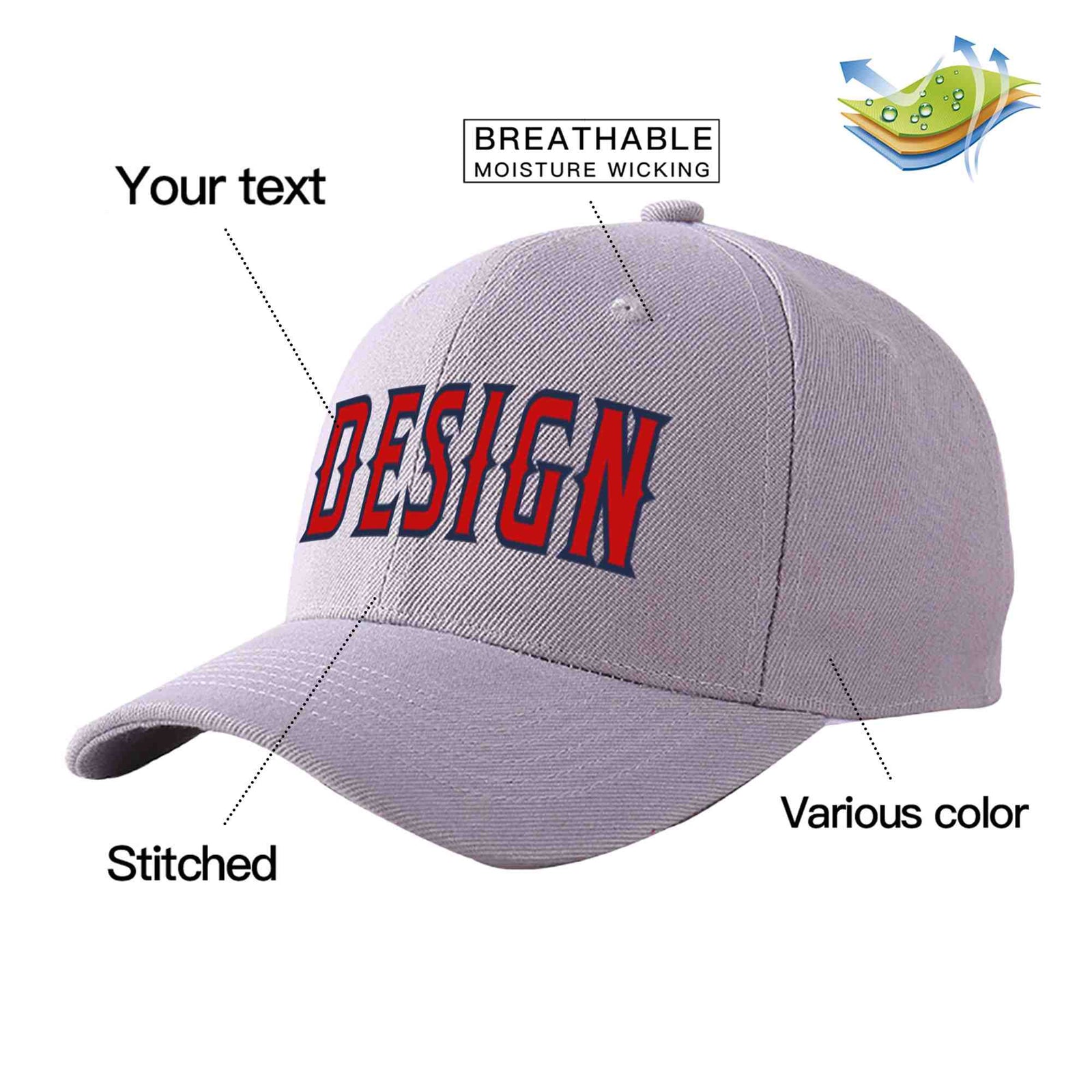 Custom Gray Red-Navy Curved Eaves Sport Design Baseball Cap