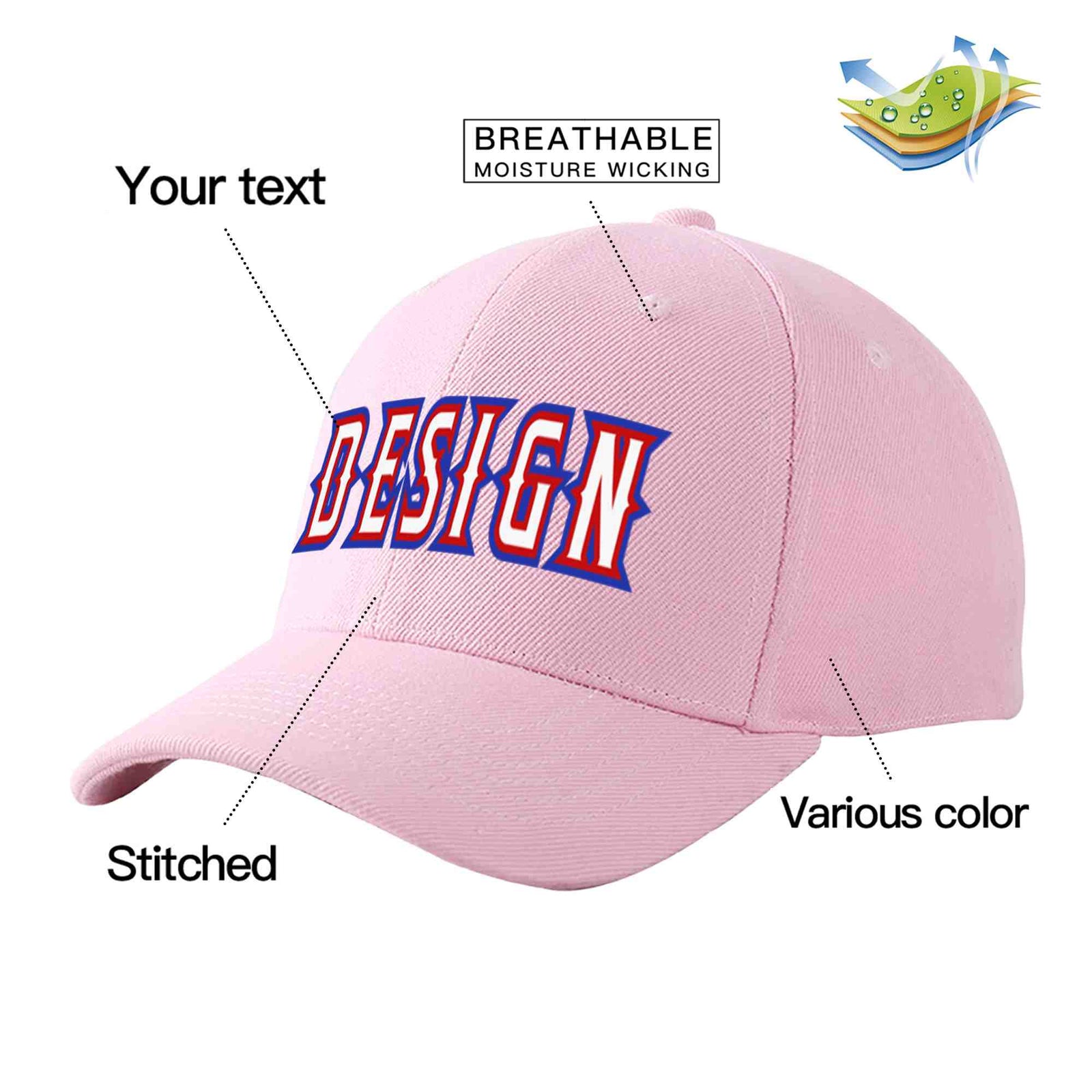 Custom Pink White-Red Curved Eaves Sport Design Baseball Cap