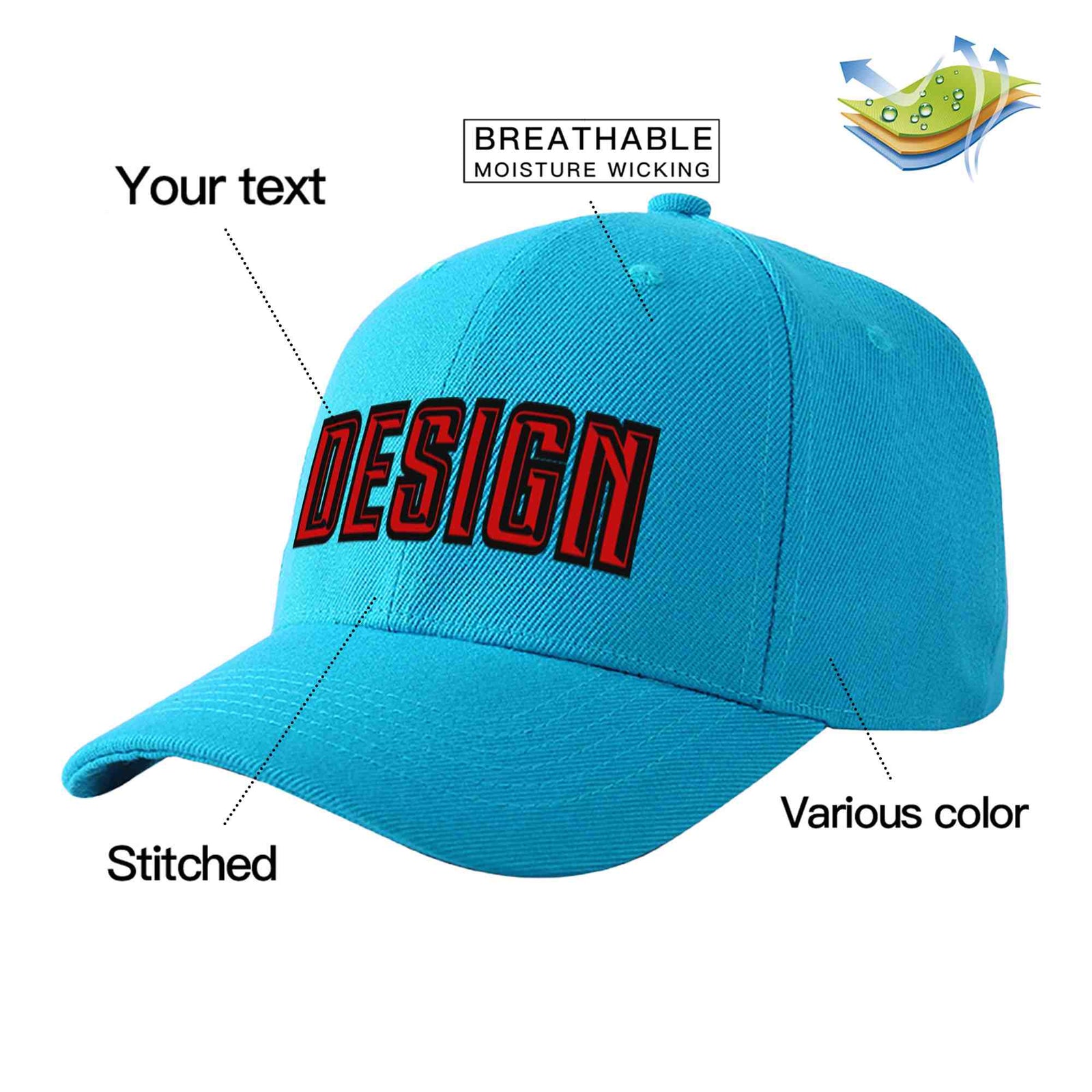 Custom Aqua Red-Black Curved Eaves Sport Design Baseball Cap