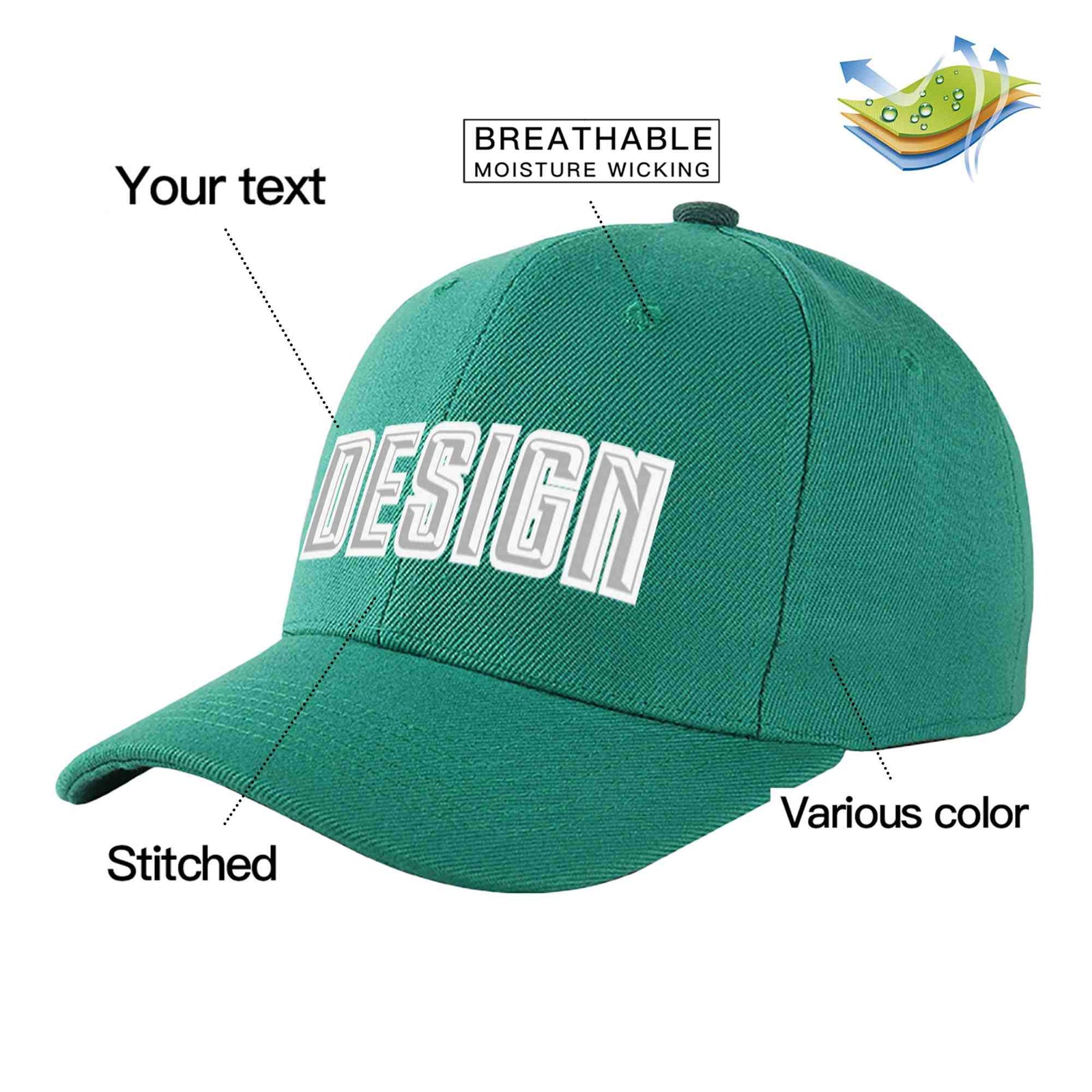 Custom Light Green White-Gray Curved Eaves Sport Design Baseball Cap