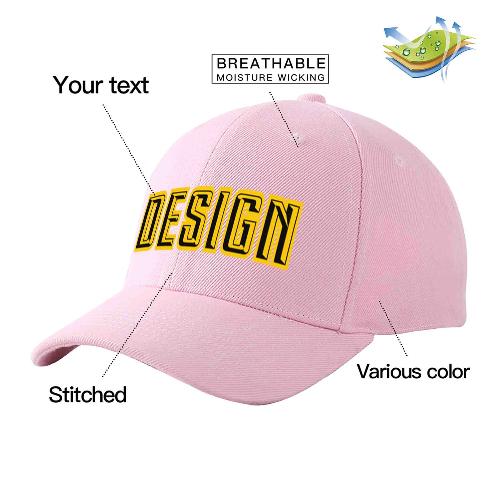 Custom Pink Black-Gold Curved Eaves Sport Design Baseball Cap