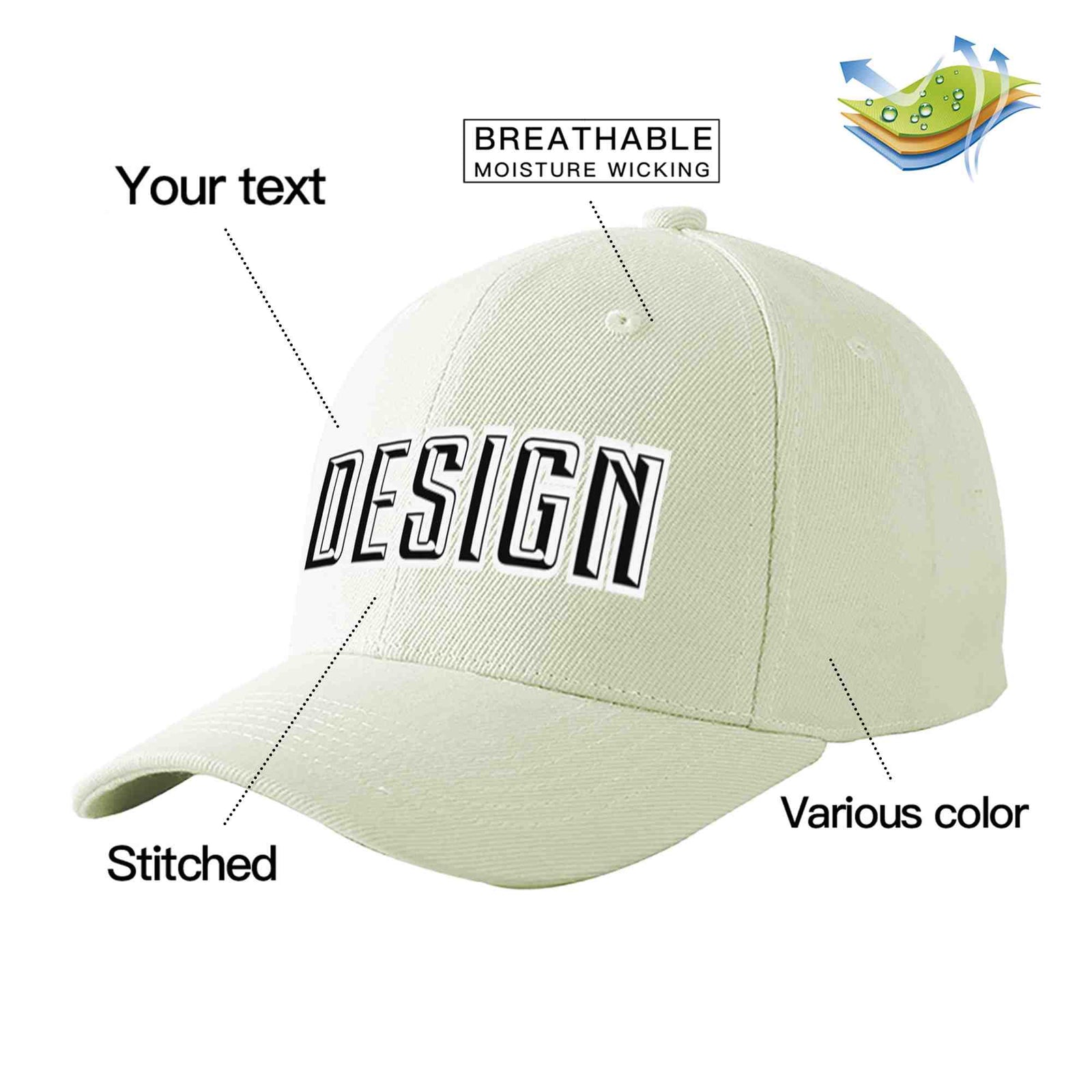 Custom Cream Black-White Curved Eaves Sport Design Baseball Cap
