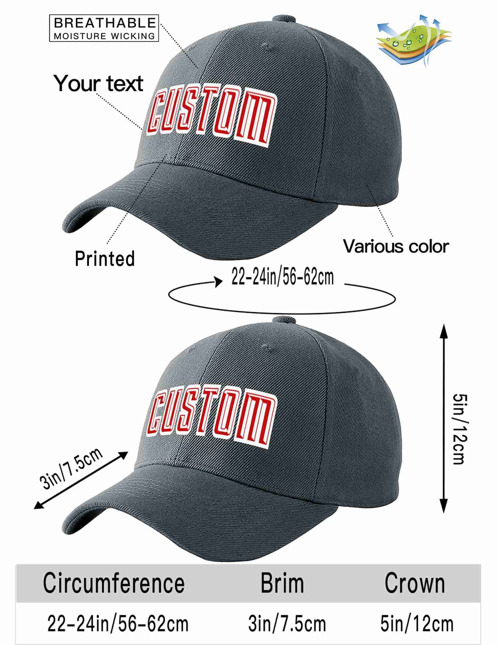 Custom Dark Gray Red-White Curved Eaves Sport Baseball Cap Design for Men/Women/Youth