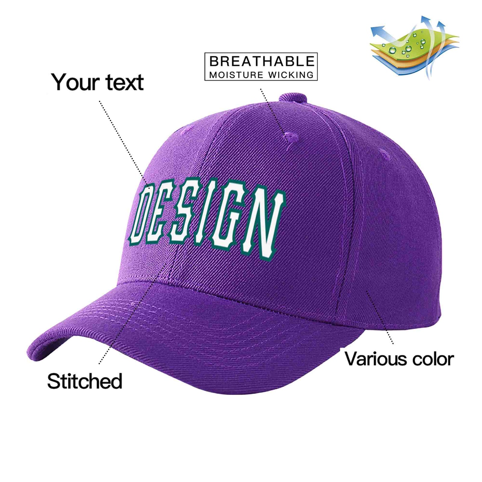 Custom Purple White-Aqua Curved Eaves Sport Design Baseball Cap