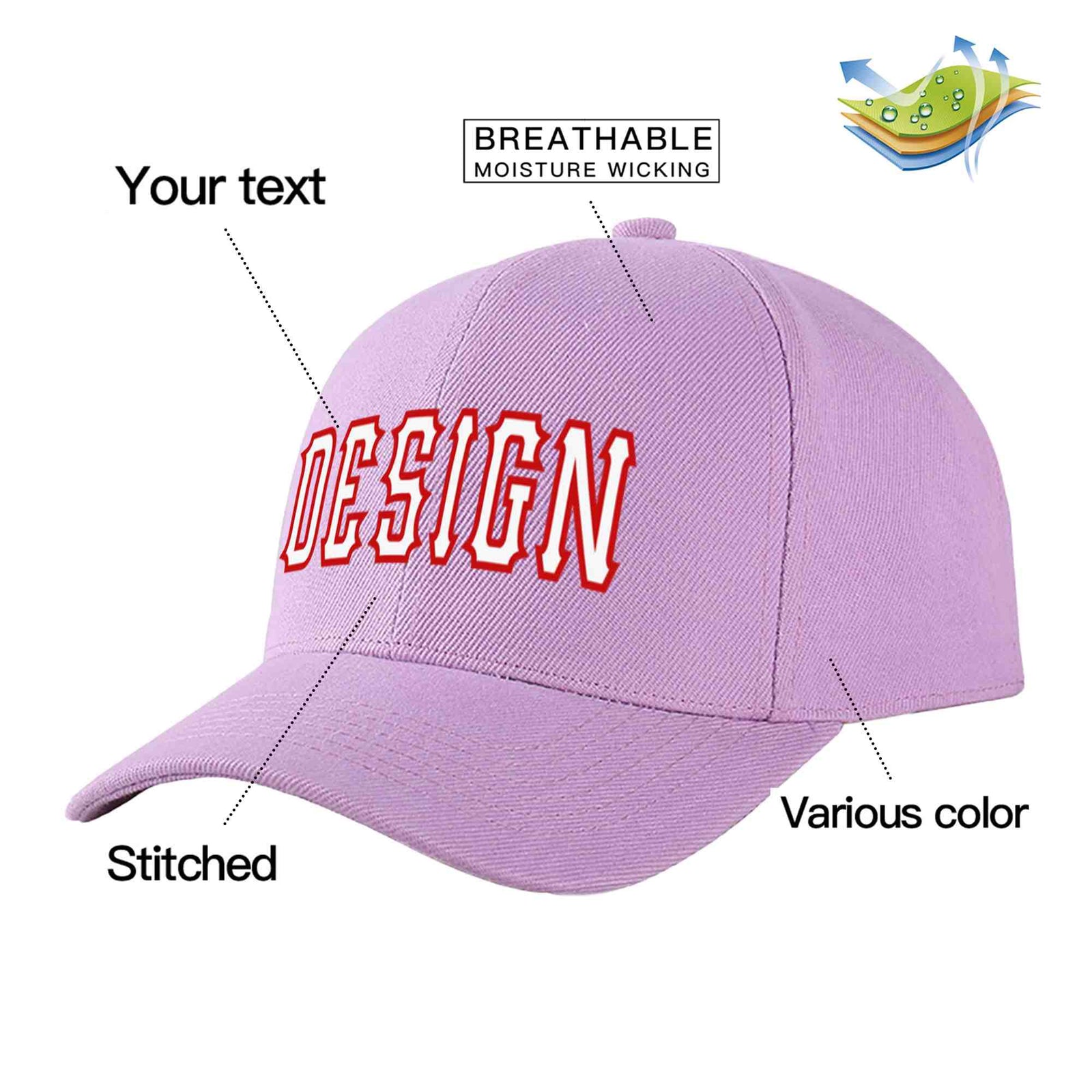 Custom Light Purple White-Red Curved Eaves Sport Design Baseball Cap