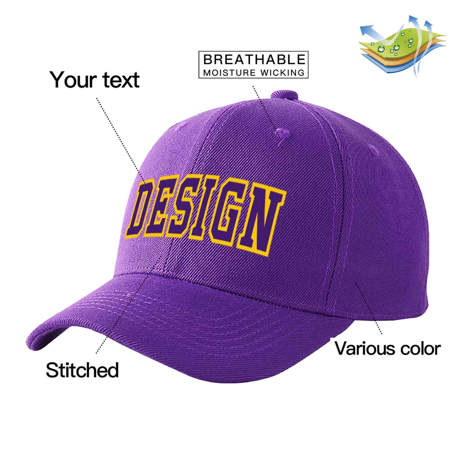 Custom Purple Purple-Gold Curved Eaves Sport Design Baseball Cap