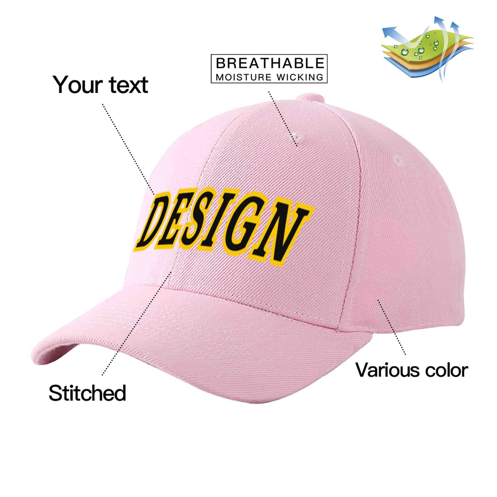 Custom Pink Black-Gold Curved Eaves Sport Design Baseball Cap