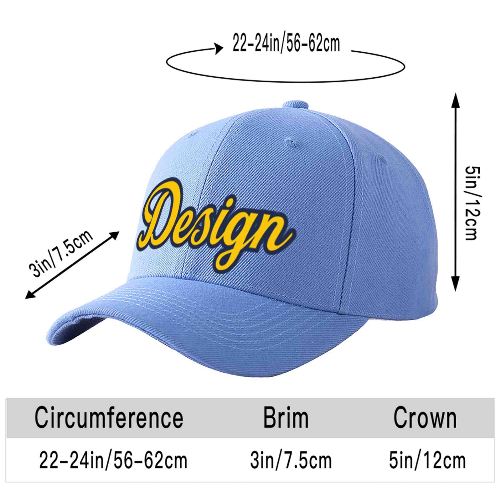 Custom Sky Blue Gold-Navy Curved Eaves Sport Design Baseball Cap