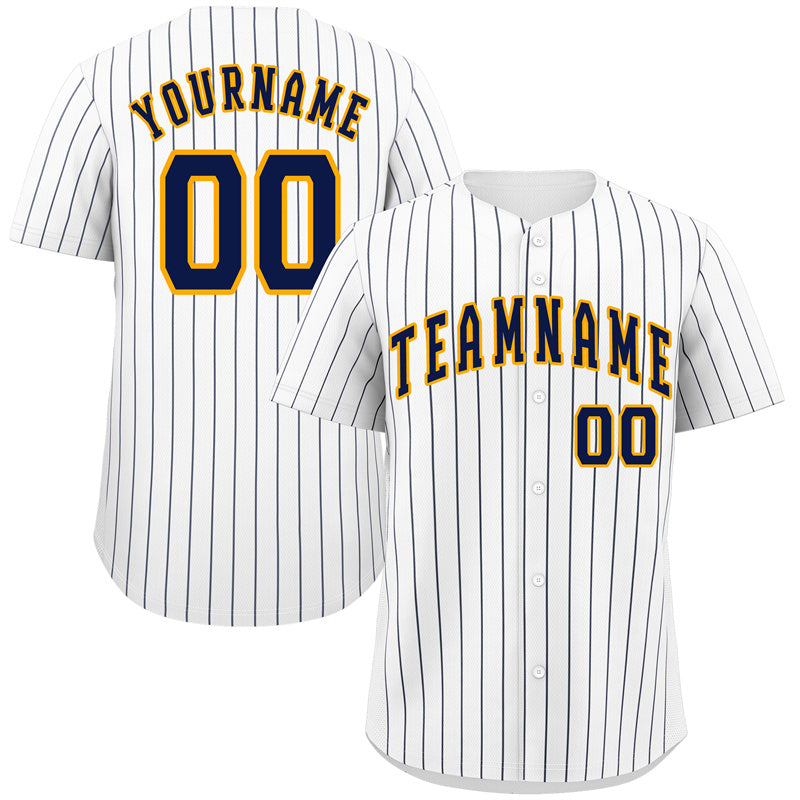 Custom White Navy-Gold Stripe Fashion Authentic Baseball Jersey