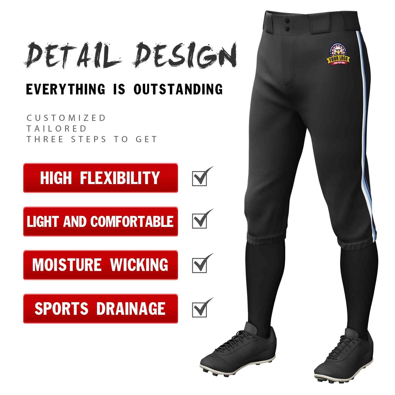 Custom Black White Light Blue-Navy Classic Fit Stretch Practice Knickers Baseball Pants