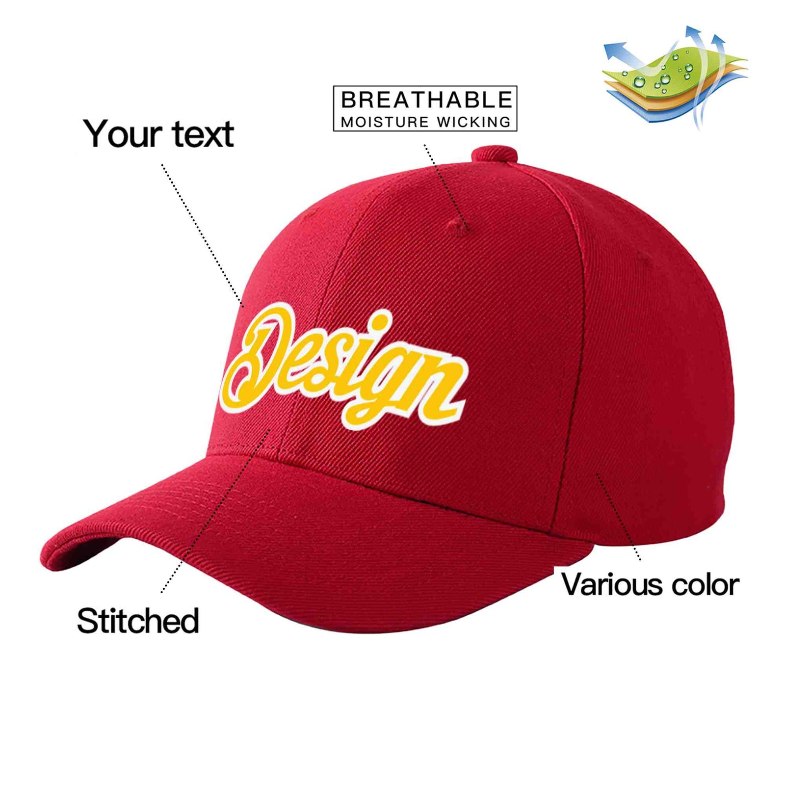Custom Red Gold-White Curved Eaves Sport Design Baseball Cap