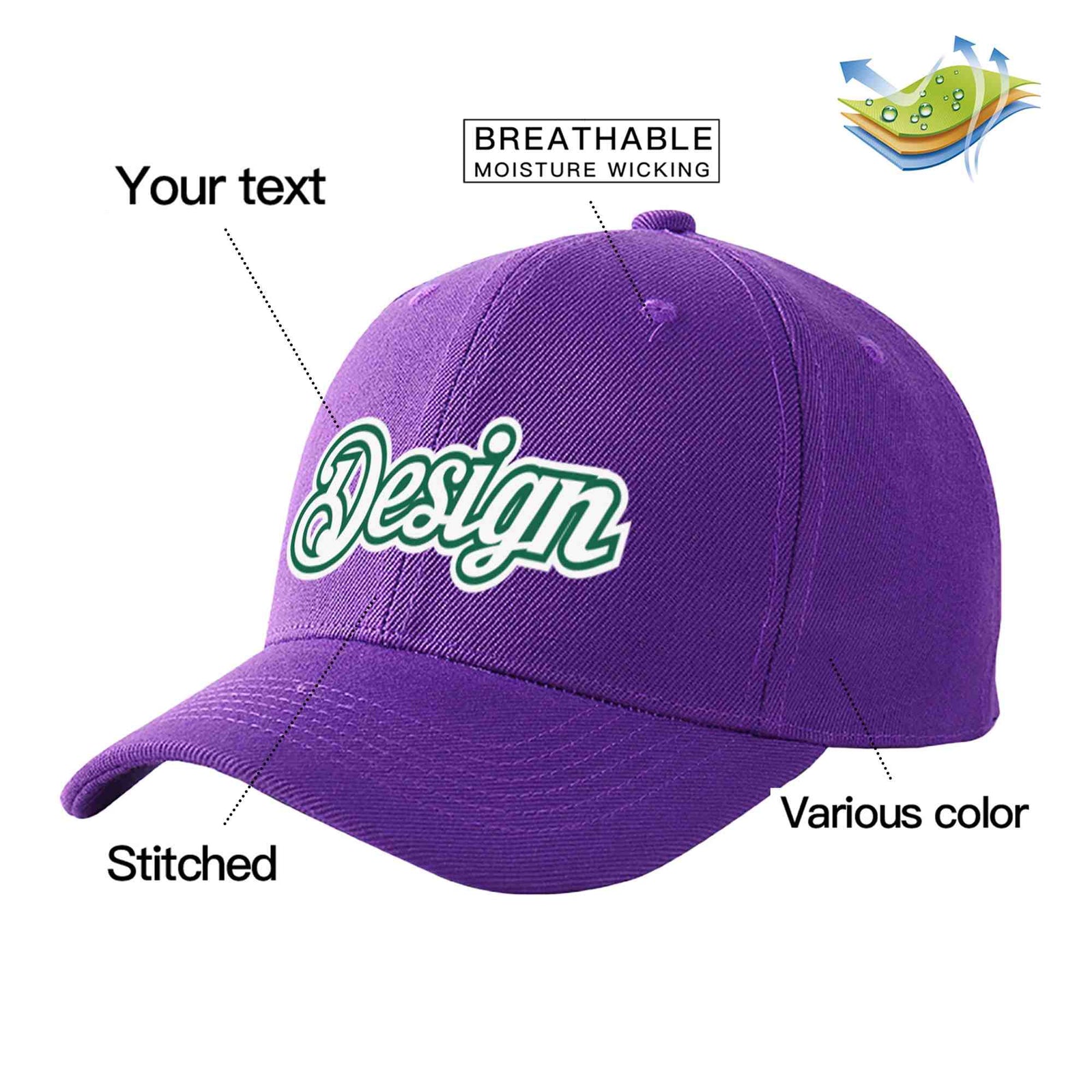 Custom Purple White-Kelly Green Curved Eaves Sport Design Baseball Cap