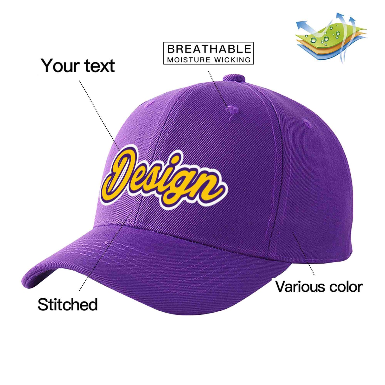 Custom Purple Gold-Purple Curved Eaves Sport Design Baseball Cap