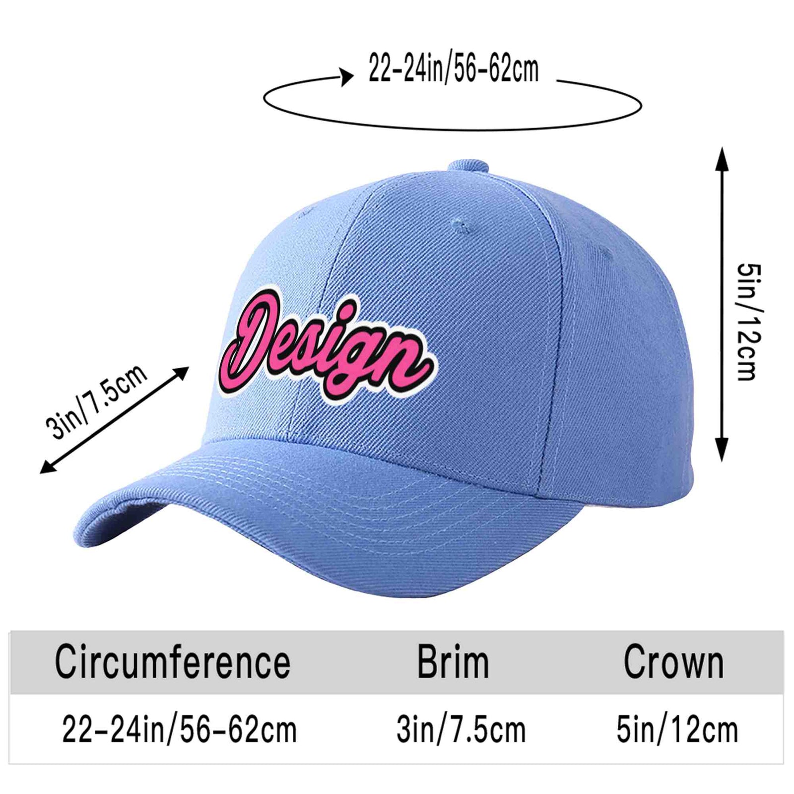 Custom Sky Blue Pink-Black Curved Eaves Sport Design Baseball Cap