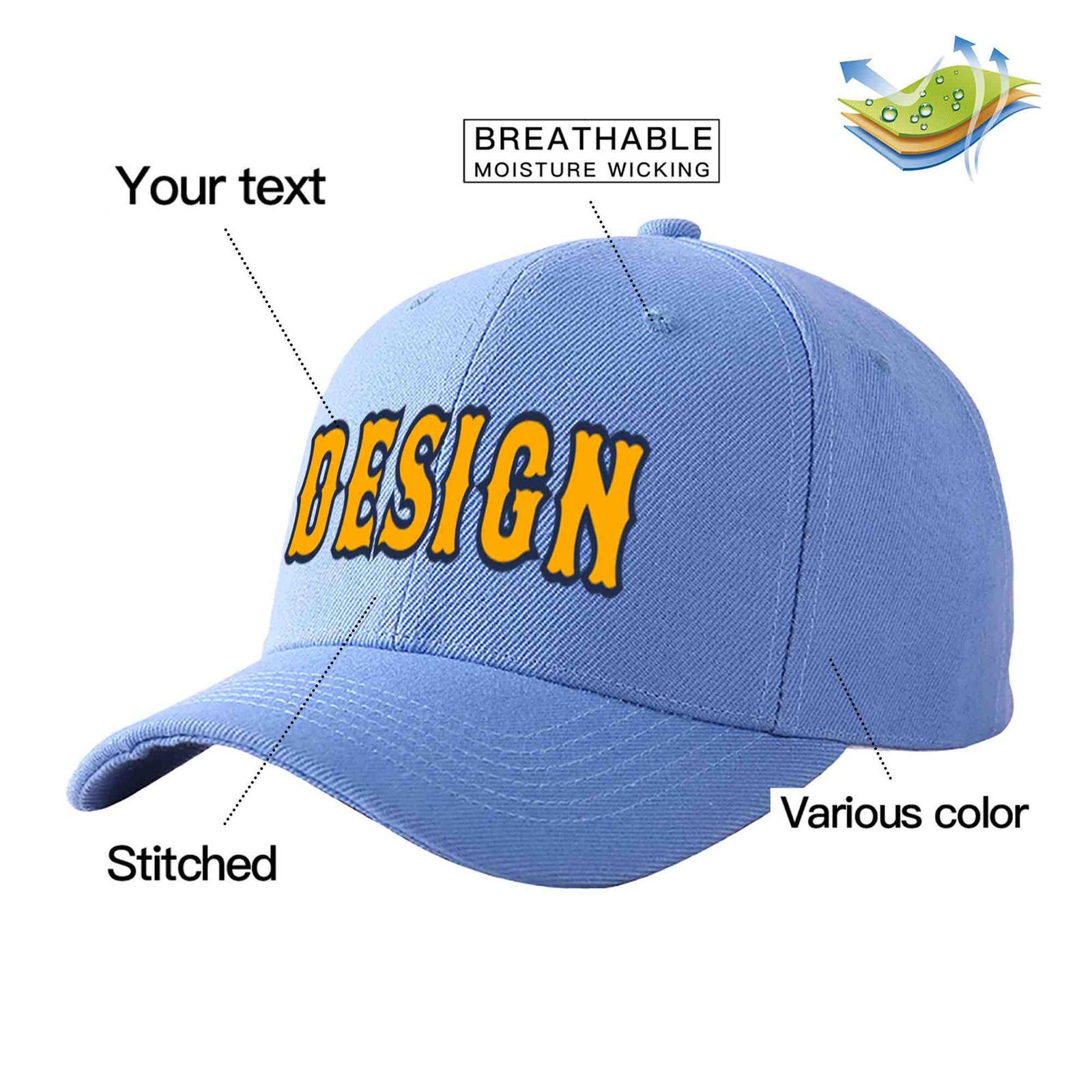 Custom Sky Blue Yellow-Navy Curved Eaves Sport Design Baseball Cap