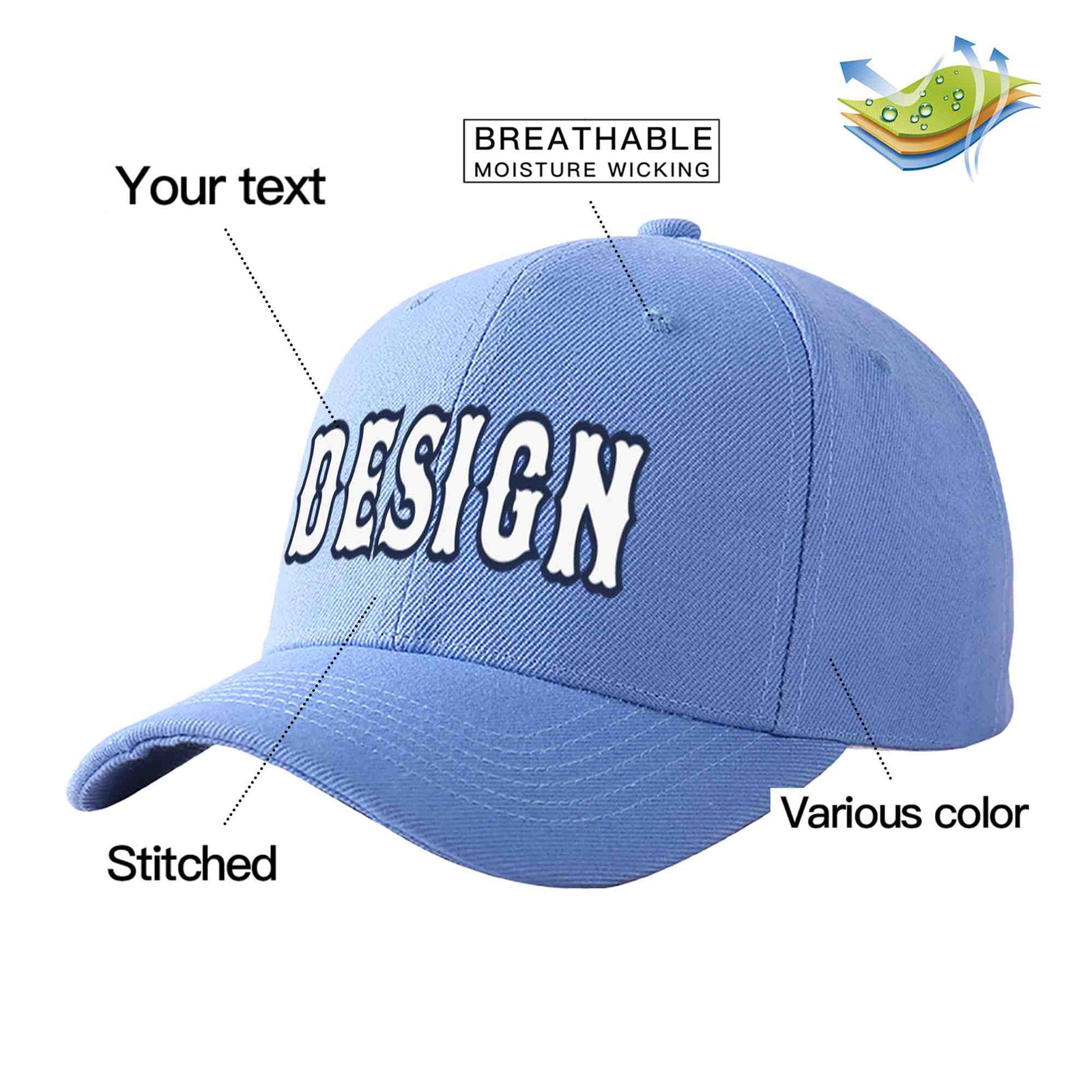 Custom Sky Blue White-Navy Curved Eaves Sport Design Baseball Cap