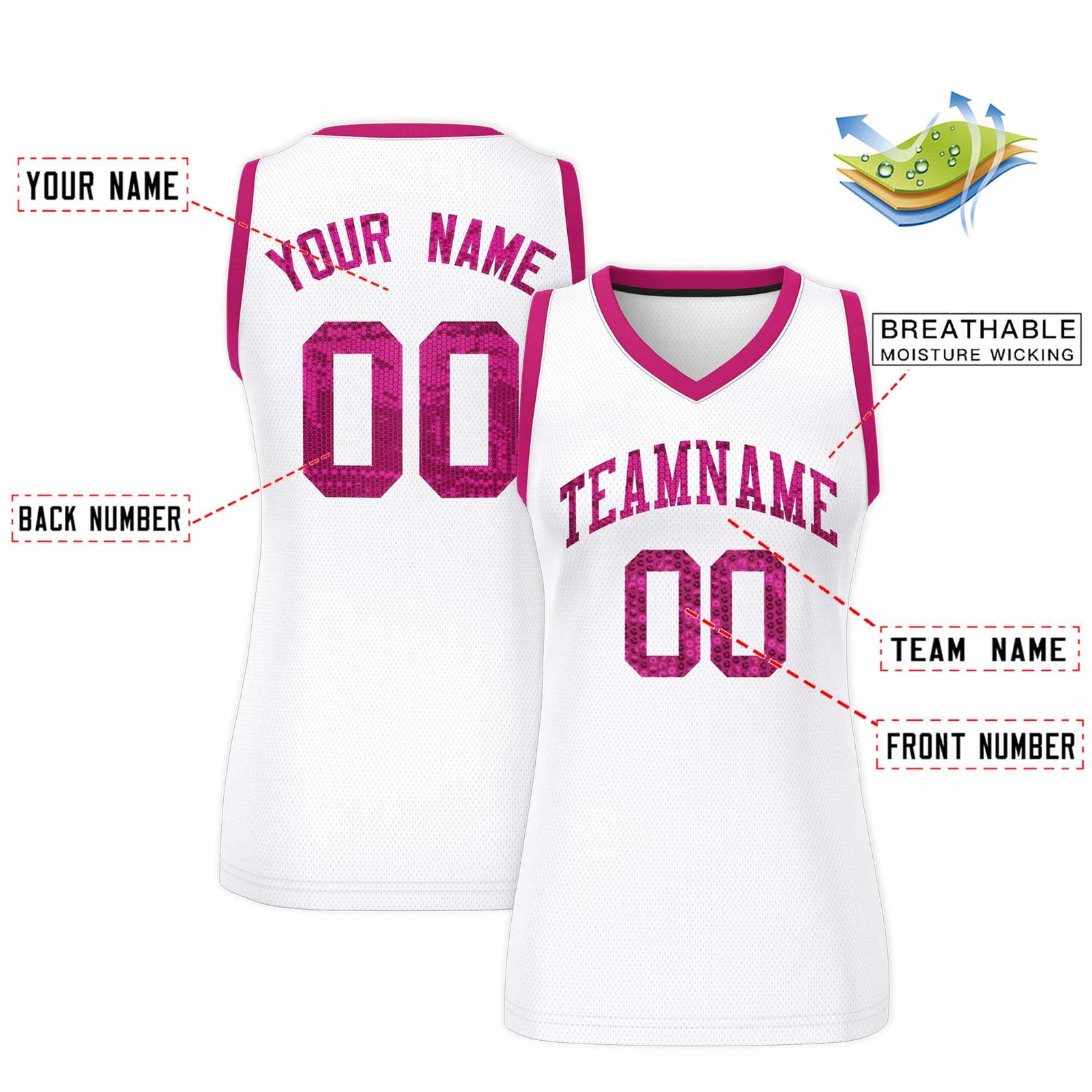 Custom White Pink Women Netball Sequined Dress