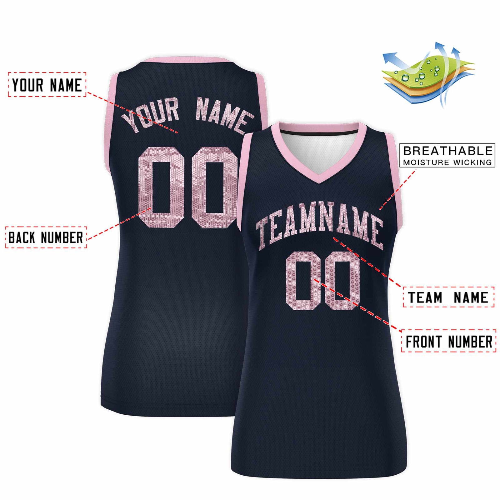Custom Navy Light Pink Women Netball Sequined Dress