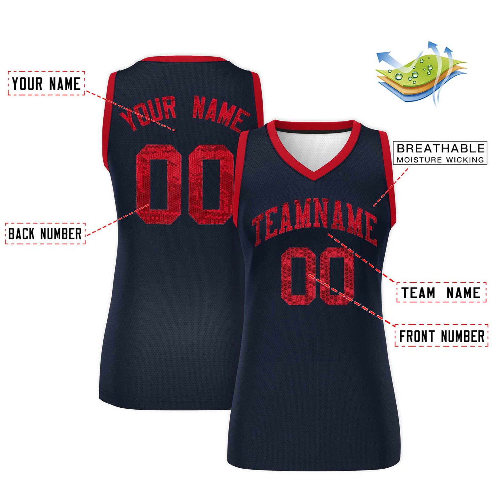 Custom Navy Red Women Netball Sequined Dress
