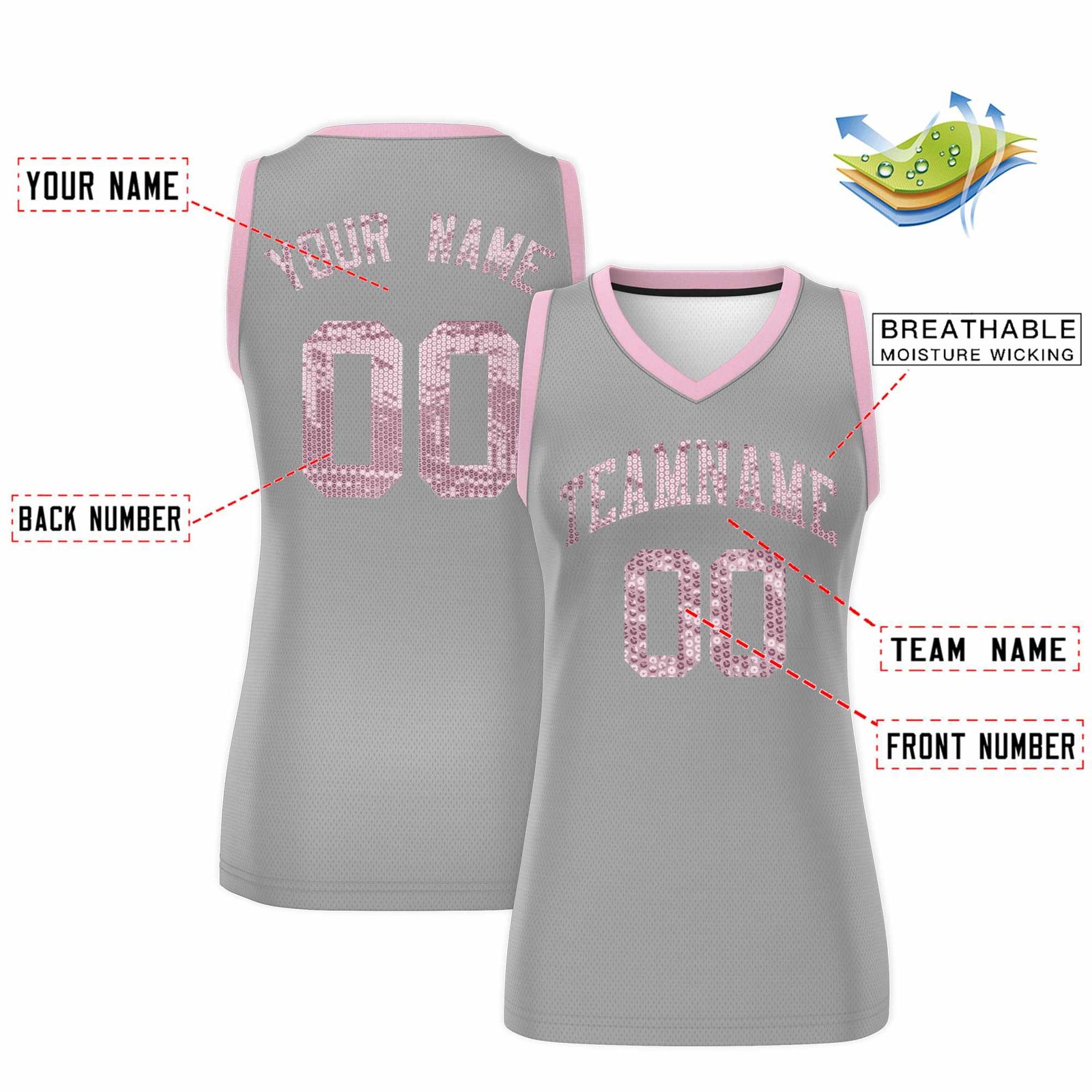 Custom Silver Light Pink Women Netball Sequined Dress