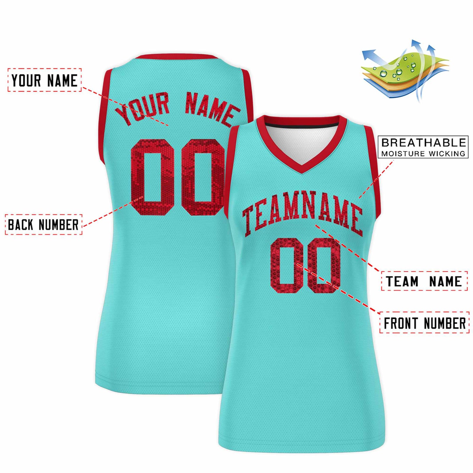 Custom Bright Green Red Women Netball Sequined Dress